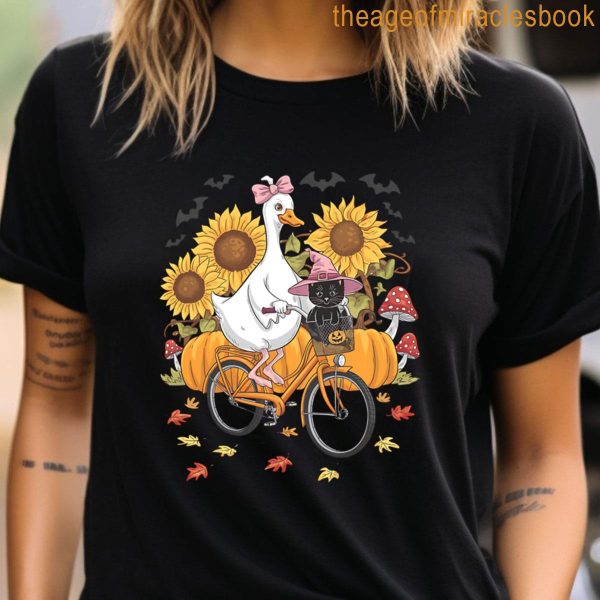 Goose And Witch Cat On Halloween Bike Ride T-shirt - Image 3