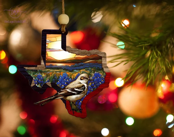 Texas Suncatcher Ornament, Texas stained ornament, Northern Mockingbird and Bluebonnet Home Decor, Texas Gifts, Texas state flower decor - Image 3