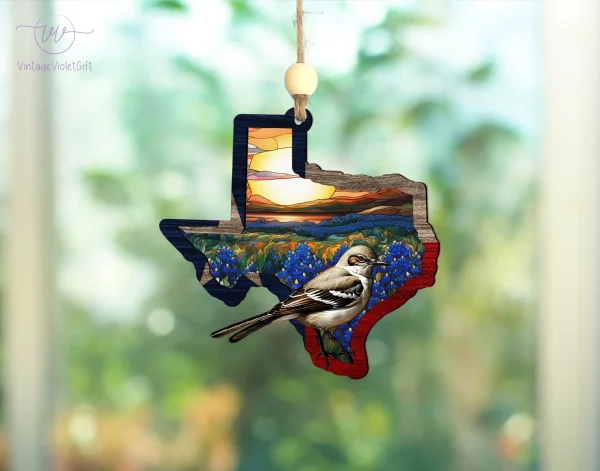 Texas Suncatcher Ornament, Texas stained ornament, Northern Mockingbird and Bluebonnet Home Decor, Texas Gifts, Texas state flower decor