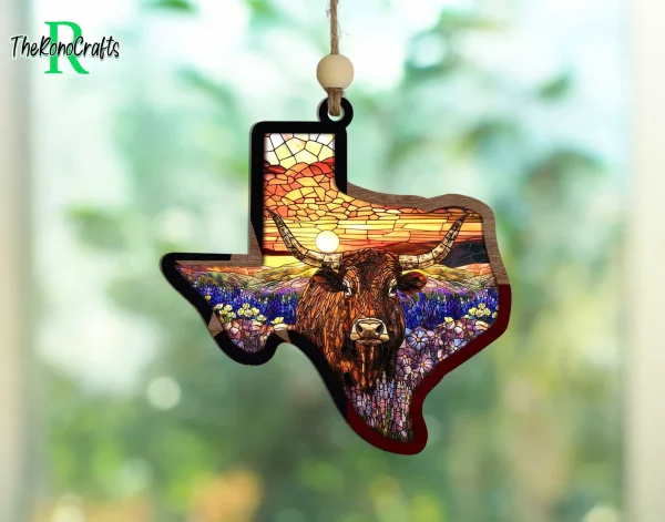 Texas Suncatcher Ornament, Texas Longhorn Ornament, Western Bluebonnet Home Decor, Texas Gifts Ornament, Texas Moving Decor, State Of Mind