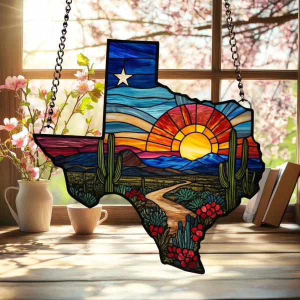 Texas Map Acrylic Suncatcher Window Hanging,Northern Mockingbird And Bluebonnet Home Decor,Texas Decoration,Texas Gift,Souvenir Lover Gift