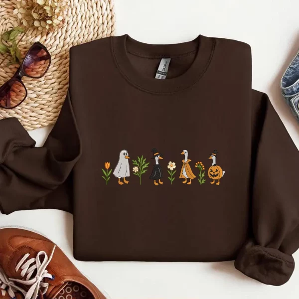 Embroidered Halloween Goose Sweatshirt Cute Fall Gildan Crewneck Pumpkin Witch Ghost Goose Shirt Fall Animal Embroidery - Image 5