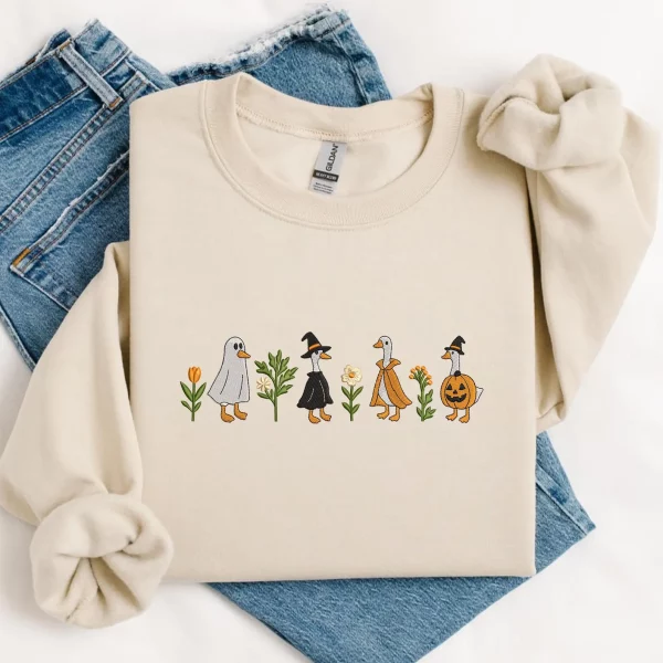 Embroidered Halloween Goose Sweatshirt Cute Fall Gildan Crewneck Pumpkin Witch Ghost Goose Shirt Fall Animal Embroidery