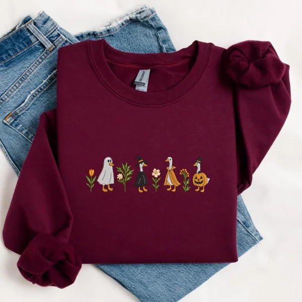 Embroidered Halloween Goose Sweatshirt Cute Fall Gildan Crewneck Pumpkin Witch Ghost Goose Shirt Fall Animal Embroidery - Image 2