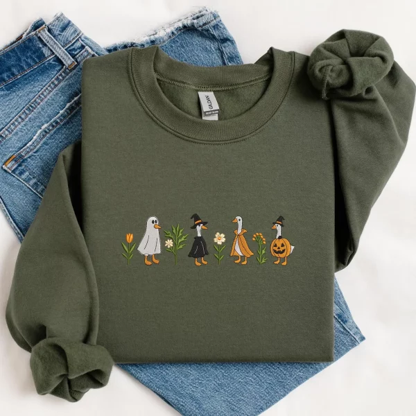 Embroidered Halloween Goose Sweatshirt Cute Fall Gildan Crewneck Pumpkin Witch Ghost Goose Shirt Fall Animal Embroidery - Image 8