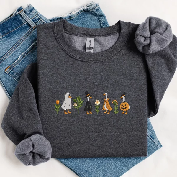 Embroidered Halloween Goose Sweatshirt Cute Fall Gildan Crewneck Pumpkin Witch Ghost Goose Shirt Fall Animal Embroidery - Image 4