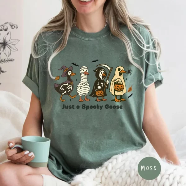 Just a Spooky goose Halloween T-shirt, Scary Cute Silly Tee, Retro Costume Shirt, Spooky Season Gift, Ghost and Pumpkin Tee - Image 2