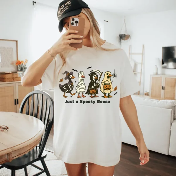 Just a Spooky goose Halloween T-shirt, Scary Cute Silly Tee, Retro Costume Shirt, Spooky Season Gift, Ghost and Pumpkin Tee - Image 3