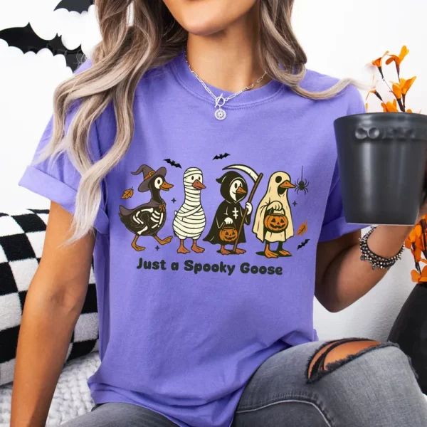 Just a Spooky goose Halloween T-shirt, Scary Cute Silly Tee, Retro Costume Shirt, Spooky Season Gift, Ghost and Pumpkin Tee - Image 4