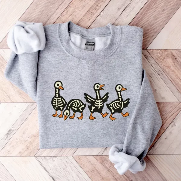Halloween Skeleton Goose Sweatshirt, Scary Cute Silly Tee, Retro Long sleeve Shirt, Spooky Season, Funny Animal Crewneck - Image 2