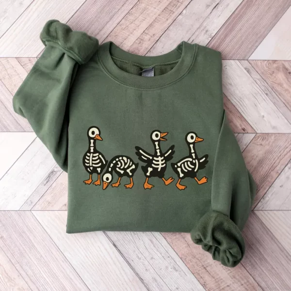 Halloween Skeleton Goose Sweatshirt, Scary Cute Silly Tee, Retro Long sleeve Shirt, Spooky Season, Funny Animal Crewneck - Image 3