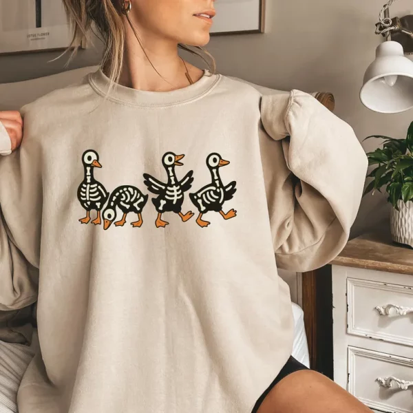 Halloween Skeleton Goose Sweatshirt, Scary Cute Silly Tee, Retro Long sleeve Shirt, Spooky Season, Funny Animal Crewneck - Image 4