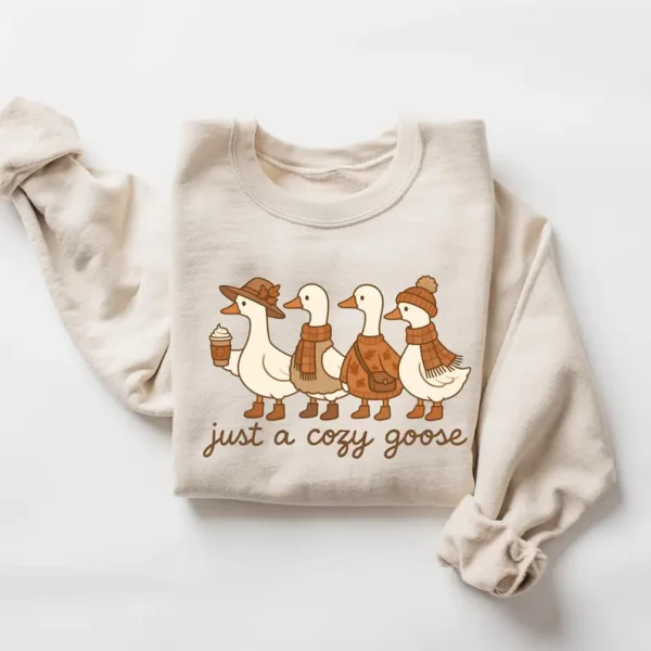 Just a cozy goose Fall Sweatshirt, Comfy Cute Silly Crewneck, Autumn Snuggle Gift, Pumpkin Spice Aesthetic - Image 2