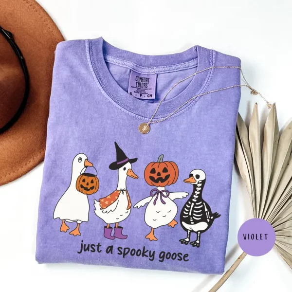 Just a Spooky goose Halloween T-shirt, Scary Cute Silly Tee, Retro Costume Shirt, Spooky Season Gift, Ghost and Pumpkin Tee - Image 2
