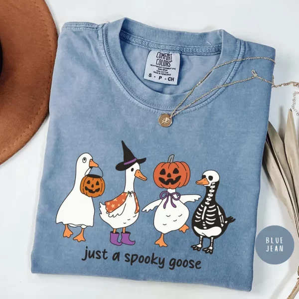 Just a Spooky goose Halloween T-shirt, Scary Cute Silly Tee, Retro Costume Shirt, Spooky Season Gift, Ghost and Pumpkin Tee - Image 3