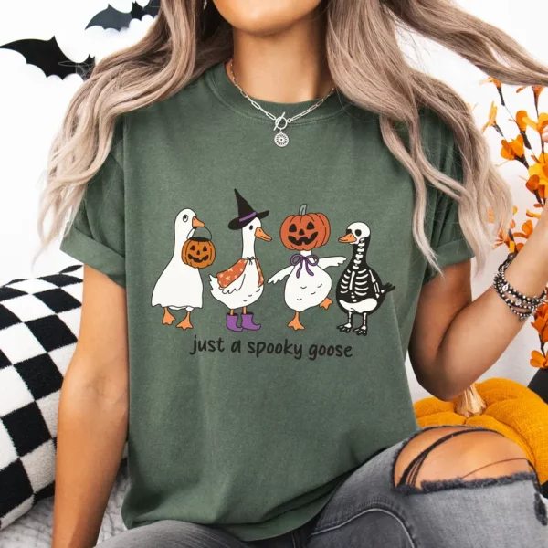 Just a Spooky goose Halloween T-shirt, Scary Cute Silly Tee, Retro Costume Shirt, Spooky Season Gift, Ghost and Pumpkin Tee