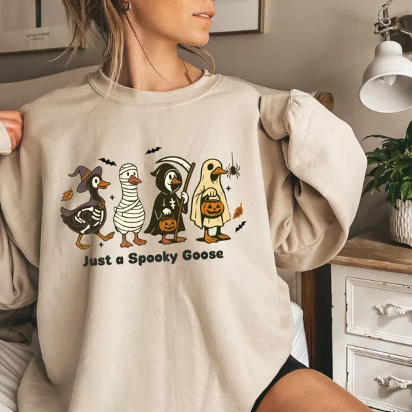 Just a Spooky goose Halloween T-shirt, Scary Cute Silly Tee, Retro Costume Shirt, Spooky Season Gift, Ghost and Pumpkin Tee - Image 5