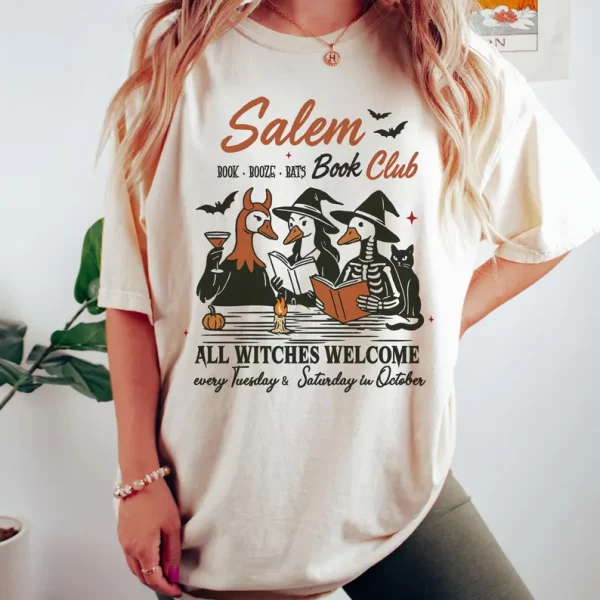 Salem Book Club Halloween T-shirt, All witches Welcome, Silly Witchy Goose Tee, Retro Book lover Holiday Shirt - Image 3