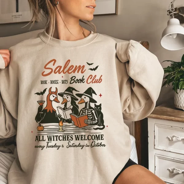 Salem Book Club Halloween T-shirt, All witches Welcome, Silly Witchy Goose Tee, Retro Book lover Holiday Shirt - Image 4