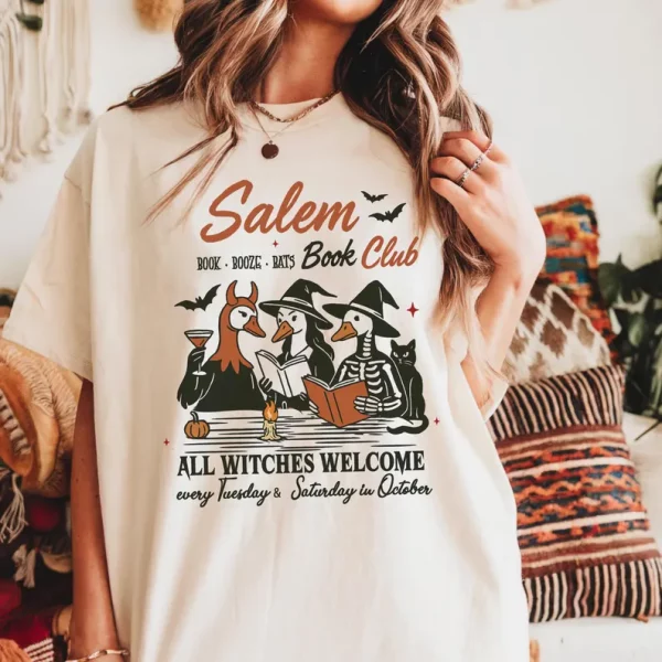 Salem Book Club Halloween T-shirt, All witches Welcome, Silly Witchy Goose Tee, Retro Book lover Holiday Shirt - Image 5
