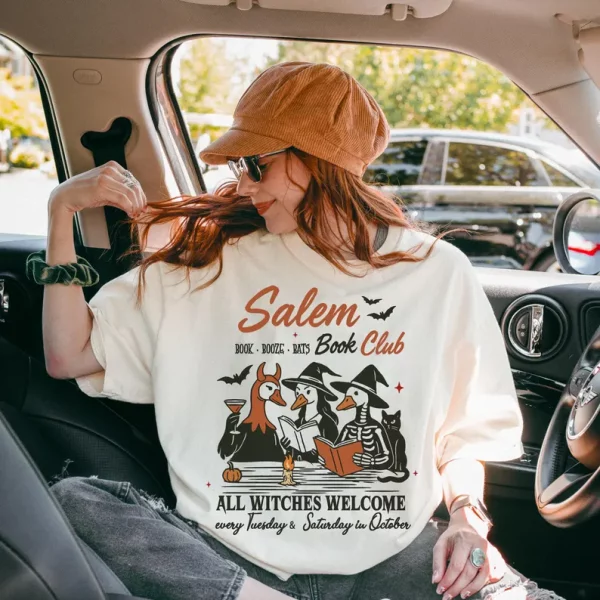 Salem Book Club Halloween T-shirt, All witches Welcome, Silly Witchy Goose Tee, Retro Book lover Holiday Shirt