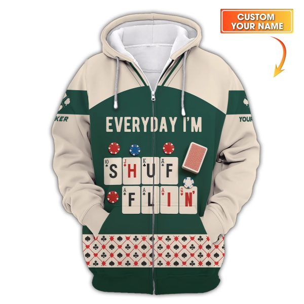 Custom Poker T Shirt Everyday I’m Shufflin Tee Green Card Deck Design for Poker Players - Image 4