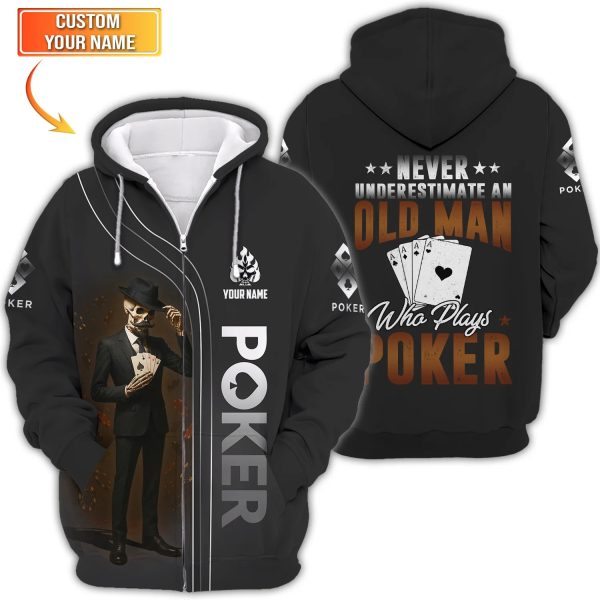 Poker T Shirt Never Underestimate An Old Man Who Plays Poker Skeleton Card Player Black Tee - Image 3