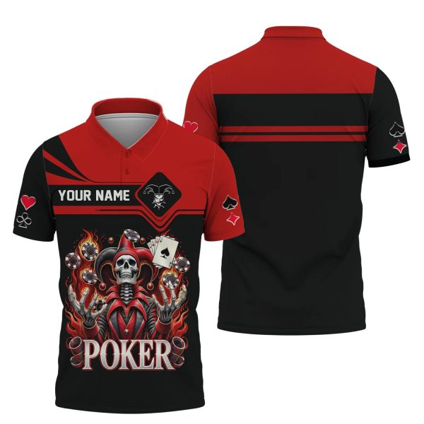 Custom Poker T-Shirt – Fiery Joker Skull, Playing Cards & Poker Chips, Gift For Poker Players - Image 2