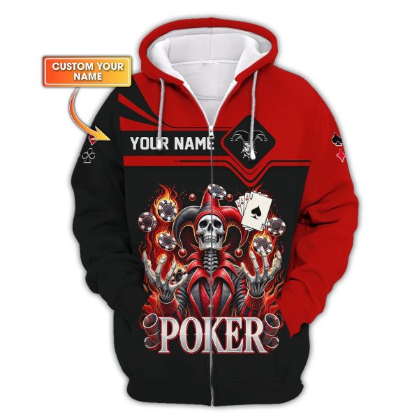 Custom Poker T-Shirt – Fiery Joker Skull, Playing Cards & Poker Chips, Gift For Poker Players - Image 3