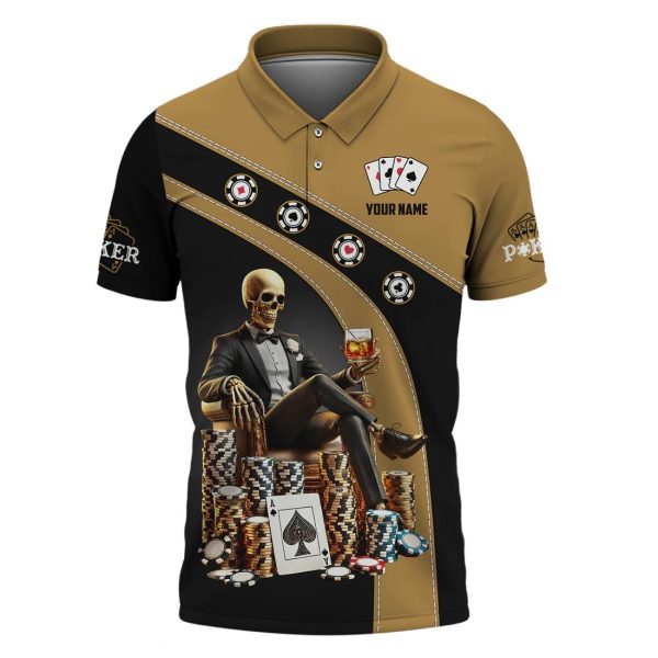 Custom Poker Shirt – Black & Gold Skeleton King Design with Chips and Whiskey – Personalized Casino Tee for Card Sharks - Image 3