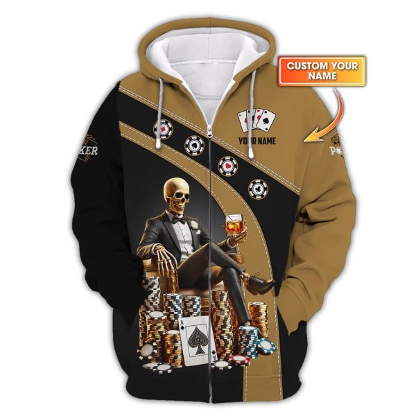 Custom Poker Shirt – Black & Gold Skeleton King Design with Chips and Whiskey – Personalized Casino Tee for Card Sharks - Image 5
