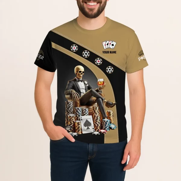 Custom Poker Shirt – Black & Gold Skeleton King Design with Chips and Whiskey – Personalized Casino Tee for Card Sharks - Image 2