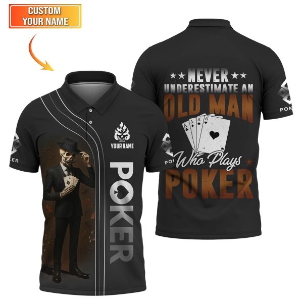 Poker T Shirt Never Underestimate An Old Man Who Plays Poker Skeleton Card Player Black Tee - Image 2