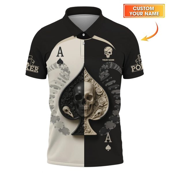 Custom Poker Shirt, Skull Spade Card Tee Black White Casino Style Gifts Poker Player - Image 2
