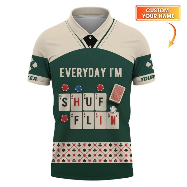 Custom Poker T Shirt Everyday I’m Shufflin Tee Green Card Deck Design for Poker Players - Image 2