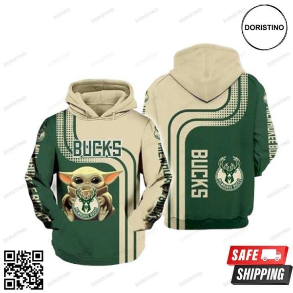 Milwaukee Bucks Baby Yoda Awesome 3D Hoodie