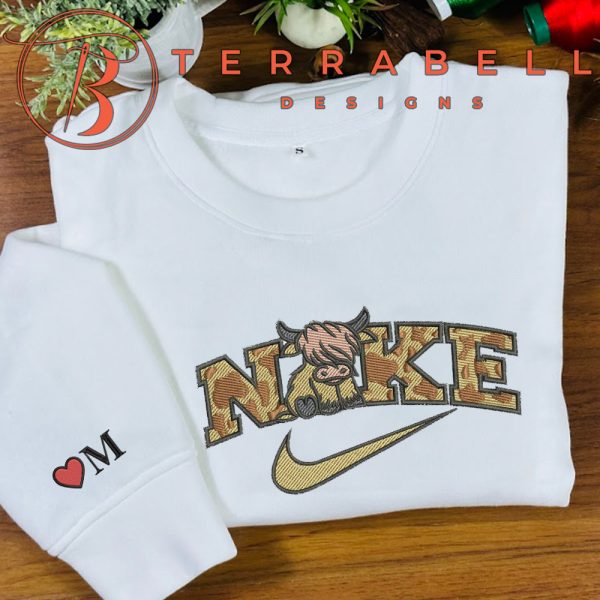 Nike Highland Cattle Cow Embroidered Sweatshirt Custom Name Sleeve - TerraBell Designs