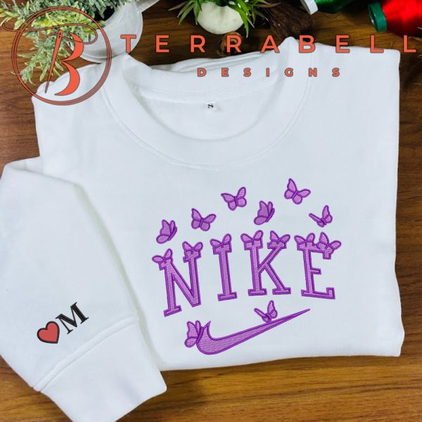 Nike Purple Butterflies Embroidered Sweatshirt Custom Name Sleeve - TerraBell Designs