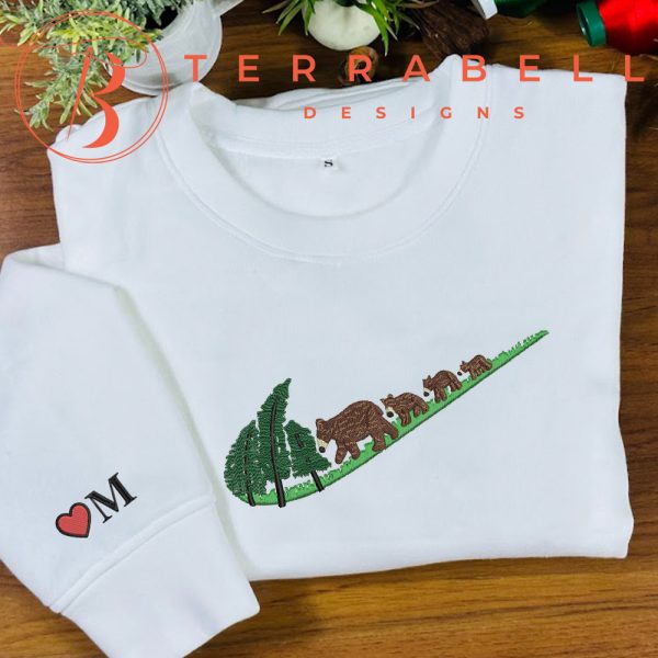 Nike Swoosh Bear Embroidered Sweatshirt Custom Name Sleeve - TerraBell Designs