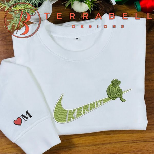 Nike Swoosh Kermit The Frog Embroidered Sweatshirt Custom Name Sleeve - TerraBell Designs