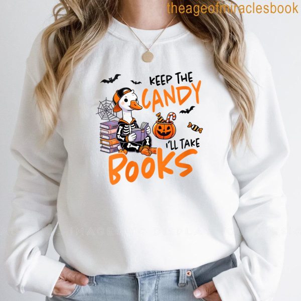 Womens Retro Goose Ghost Reading Books Halloween Bookish Bookworm T-shirt - Image 2