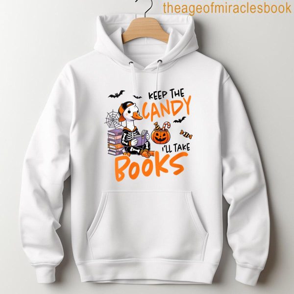Womens Retro Goose Ghost Reading Books Halloween Bookish Bookworm T-shirt - Image 4