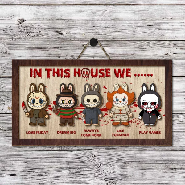 In This House We, Labubu Monster, Halloween Wood Sign, Horror Movie Characters, Halloween Decor - Image 9