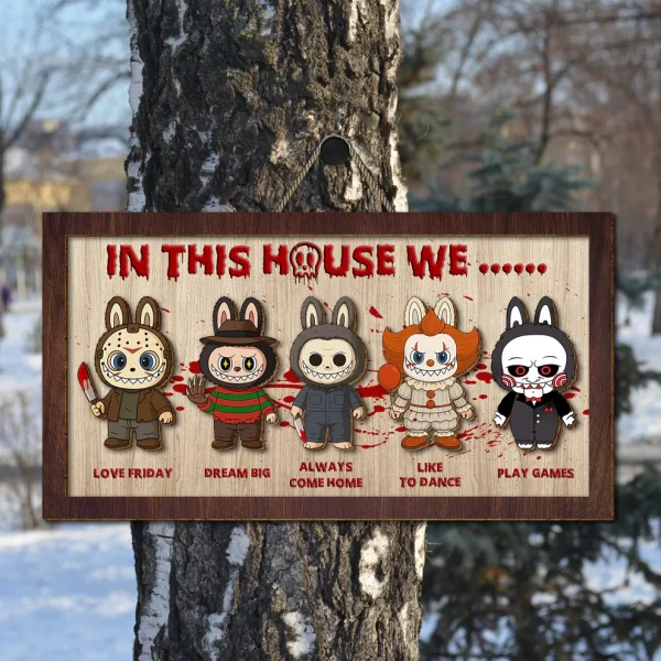 In This House We, Labubu Monster, Halloween Wood Sign, Horror Movie Characters, Halloween Decor