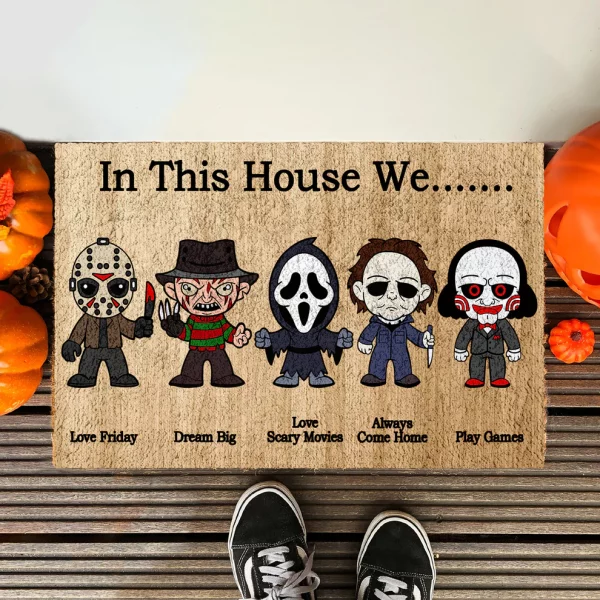 In This House We Horror Characters Doormat, Horror Movies Fans Gift, Halloween Decor