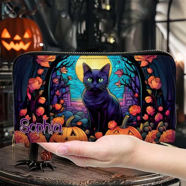 Customize Name Spooky Witchy Black Cat Vibe Halloween Leather Wallet - Halloween Gift