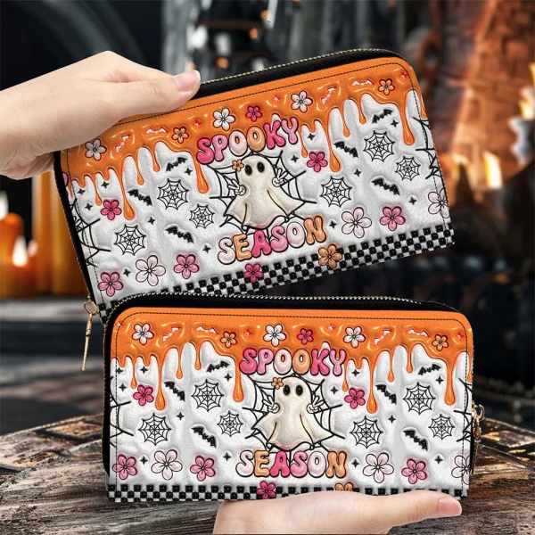 Spooky Season Halloween Custom Cute Orange Ghost Leather Wallet - Halloween Gift - Image 2
