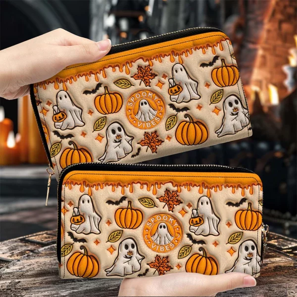 Spooky Vibe Halloween Custom Cute Orange Ghost Leather Wallet - Halloween Gift - Image 2