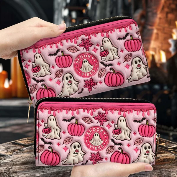 Spooky Vibe Halloween Custom Cute Pink Ghost  Leather Wallet - Halloween Gift - Image 2