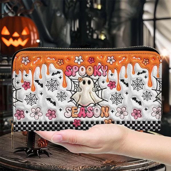 Spooky Season Halloween Custom Cute Orange Ghost Leather Wallet - Halloween Gift